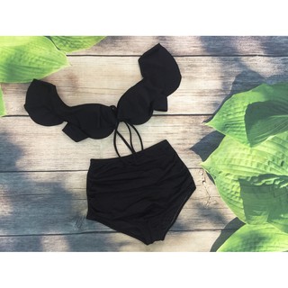 Bikini hai mảnh đẹp bộ bơi đồ bơi giá rẻ đen bèo ngực cạp cao