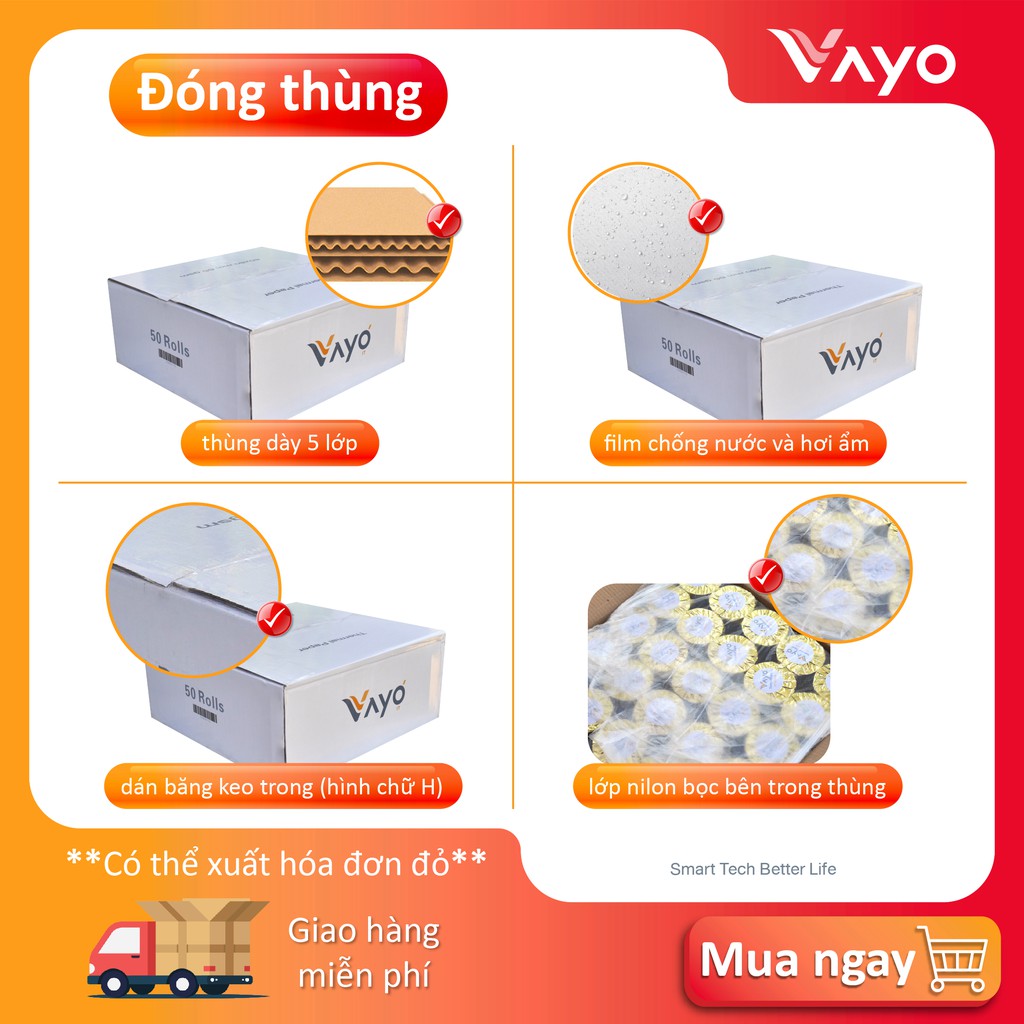 Giấy in nhiệt K57, giấy in bill 57 x 45mm VAYO lõi siêu nhỏ, Bán chạy số #1 (50 cuộn)