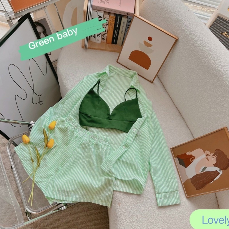 Set khoác sơ mi sọc + bra 2s + short sọc