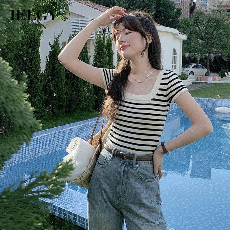 Áo thun dệt kim IELGY ngắn tay kẻ sọc thời trang cho nữ