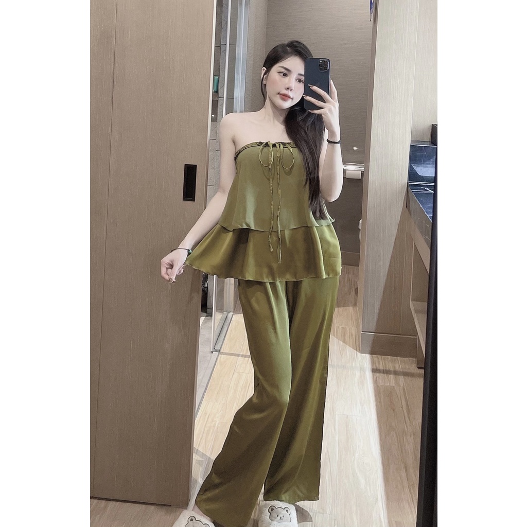 Đồ mặc nhà 2 dây yếm Sexy lụa slatin Siêu Mát
