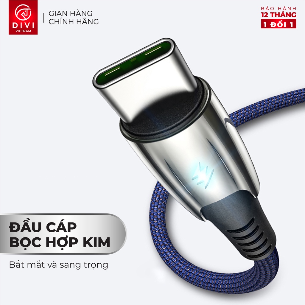 Dây cáp sạc nhanh 5A Type C - DIVI P448 - Vỏ bện nylon - Hàng phân phối chính hãng - Bảo hành 12 tháng