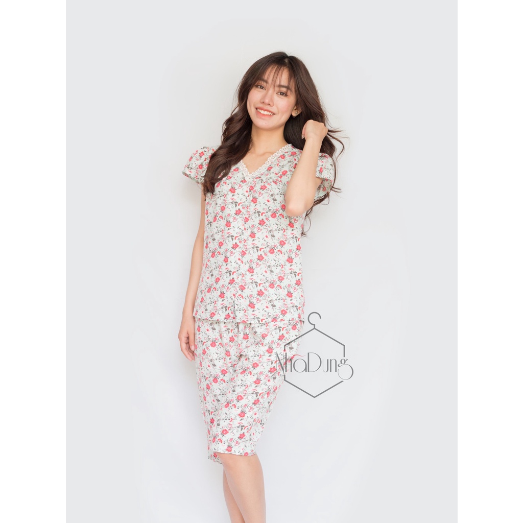 Đồ bộ nữ mặc nhà lửng cổ ren xinh xắn vải lụa cao cấp Nhã Dung Store 2 dưới 65kg