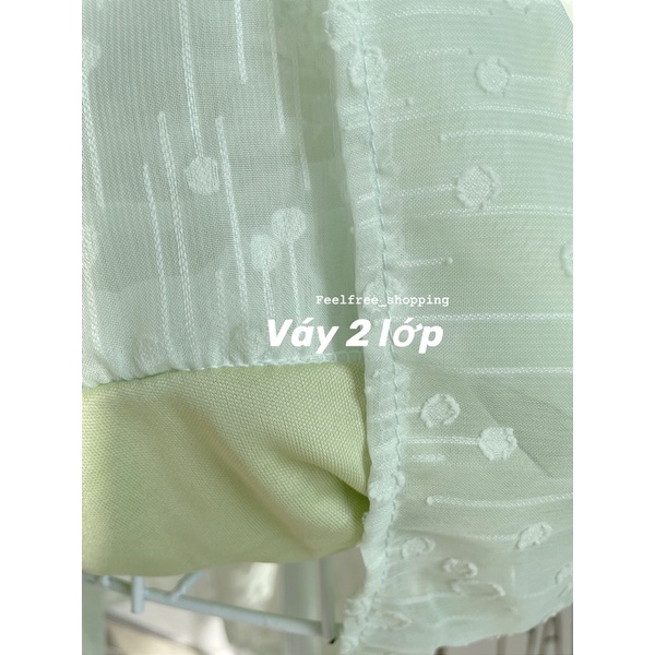 Đầm váy xanh lá feelfree nhạt hoa rơi 2 lớp nhún thân bèo mặc đi chơi,đi làm,du lịch, biển D059