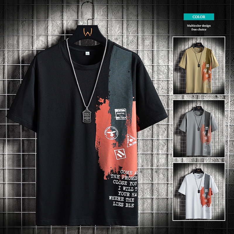 Áo Thun cotton Ngắn Tay Cổ Tròn Dáng Rộng In Họa Tiết Thời Trang Mùa Hè Hàng Mới Dành Cho Nam