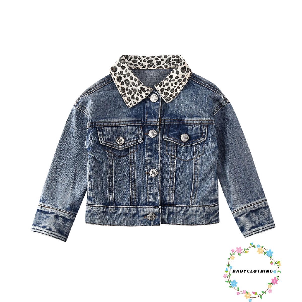 ღWSVღToddler Kids Girl Denim Blue Long Sleeve Slim Fit Jacket Leopard Turn-Down Collar Coat
