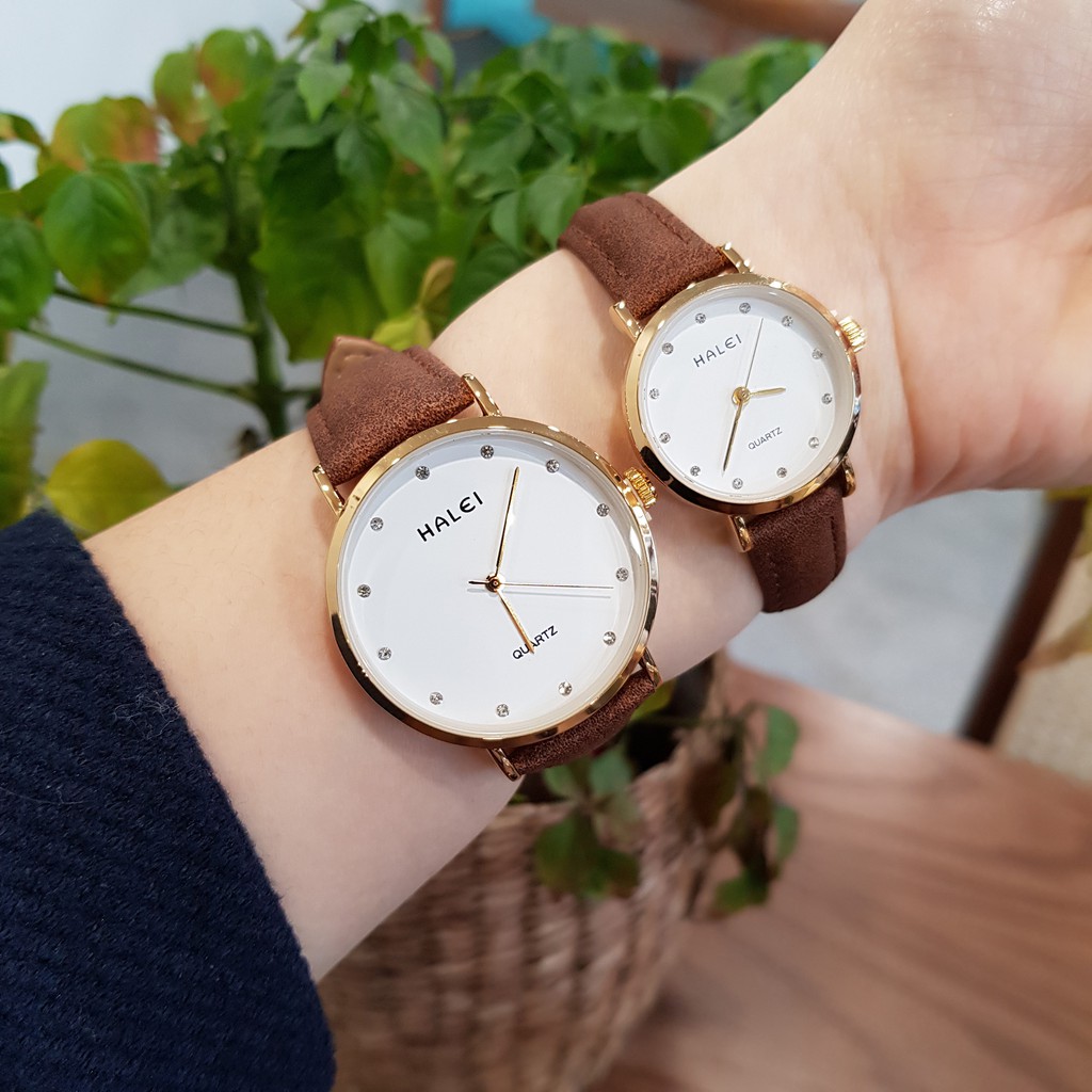 Đồng hồ cặp đôi nam nữ Halei mặt đá dây da đen chính hãng Tony Watch 68 | BigBuy360 - bigbuy360.vn