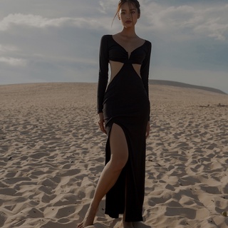 TATICHU - V Neck Side Cut Out Split Maxi Dress - Đầm thun cổ V tay dài khoét eo xẻ đùi