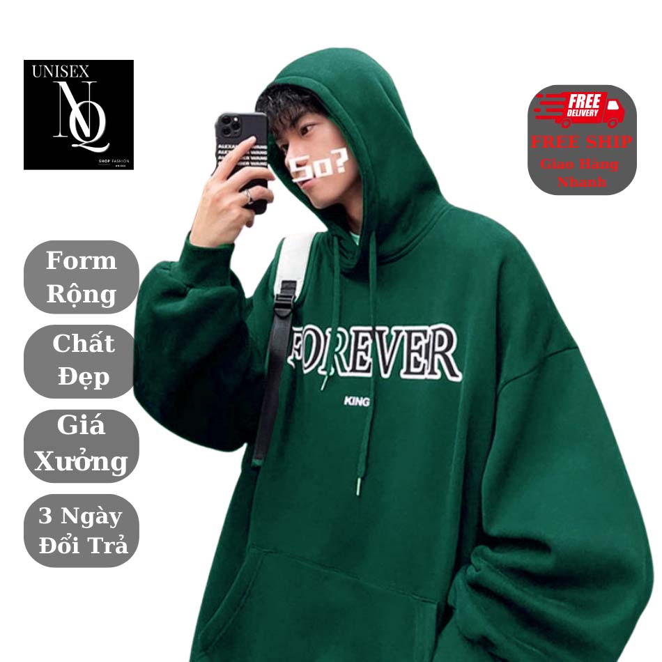 Áo nỉ có mũ in chữ Forever 3 màu xám, trắng đen, đủ size, chất dày dặn ấm áp, form rộng tay dài
