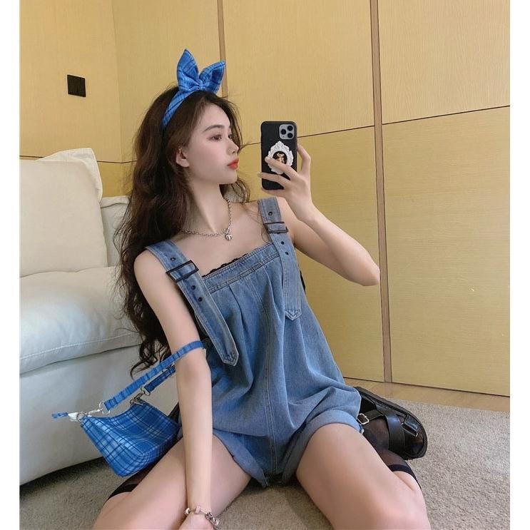 Quần Yếm Denim Ngắn Ống Rộng Lưng Cao Thời Trang Cho Nữ
