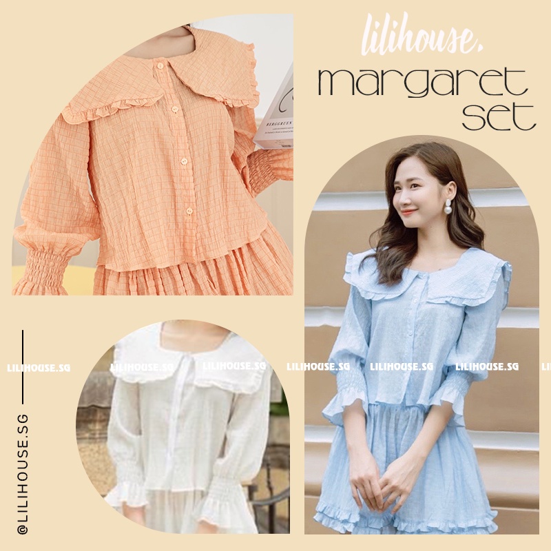 Set tiểu thư bánh bèo - Áo sơ mi tơ gân cổ sen nằm phối bèo cổ tay bồng dài tay phối quần ngắn bèo xinh xắn