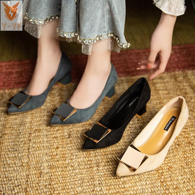 [High quality]Net red high heels female design sense niche temperament spring and autumn 2021 new spring thick heel pointed shallow mouth single shoes