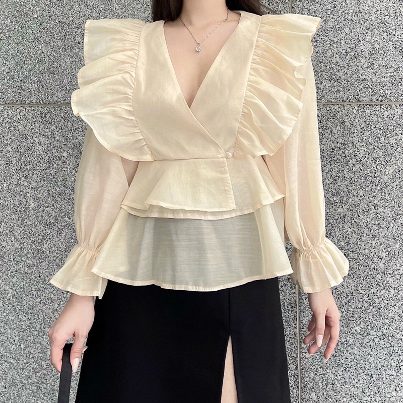 Áo peplum nude cổ bèo