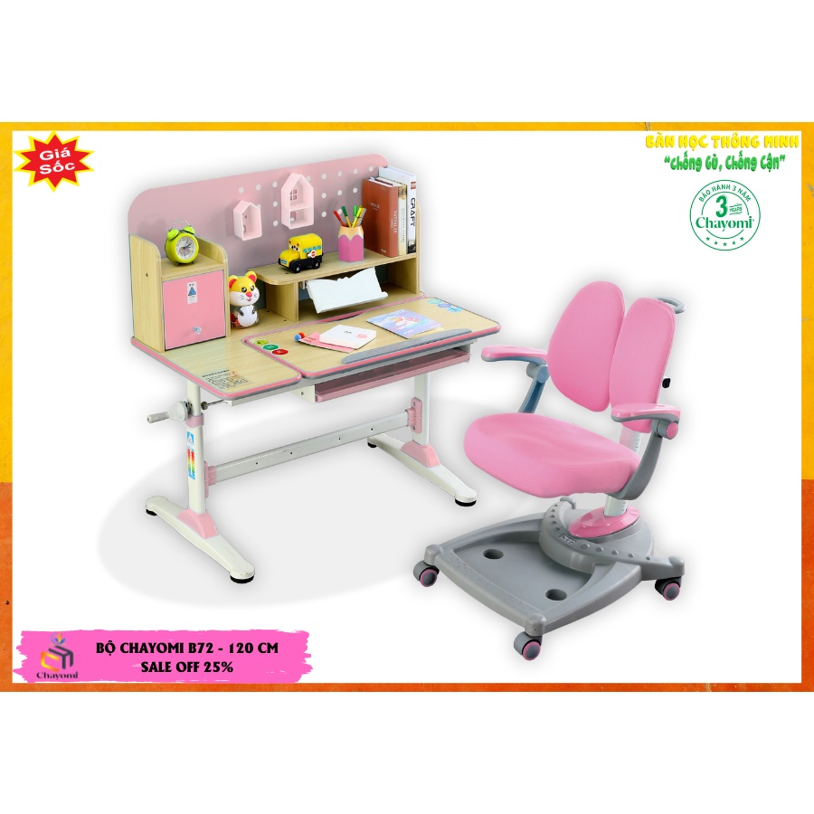 Bộ bàn học THÔNG MINH cao cấp B27 HỒNG, 95CM hiệu Chayomi [TẶNG CẶP CHỐNG GÙ + ĐÈN HỌC]