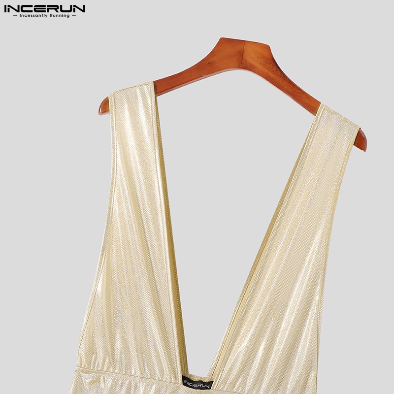 INCERUN Áo Liền Quần Cổ Chữ V Khoét Sâu Đính Kim Sa Lấp Lánh Thời Trang Cho Nam