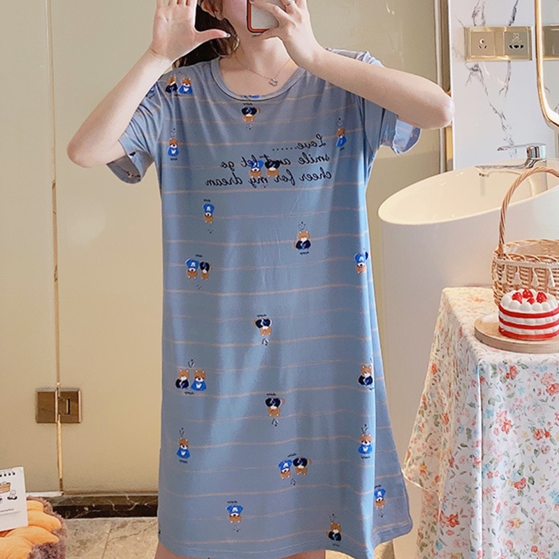 Đầm Ngủ Dáng Dài Tay Ngắn Cổ Tròn In Hình Động Vật Dễ Thương Cho Nữ