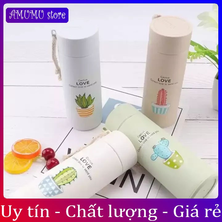 [Vỡ hoàn tiền]Bình nước in hình xương rồng 450ml lõi thủy tinh bọc vỏ nhựa lúa mạch có dây sách (GIAO MẪU NGẪU NHIÊN) | BigBuy360 - bigbuy360.vn