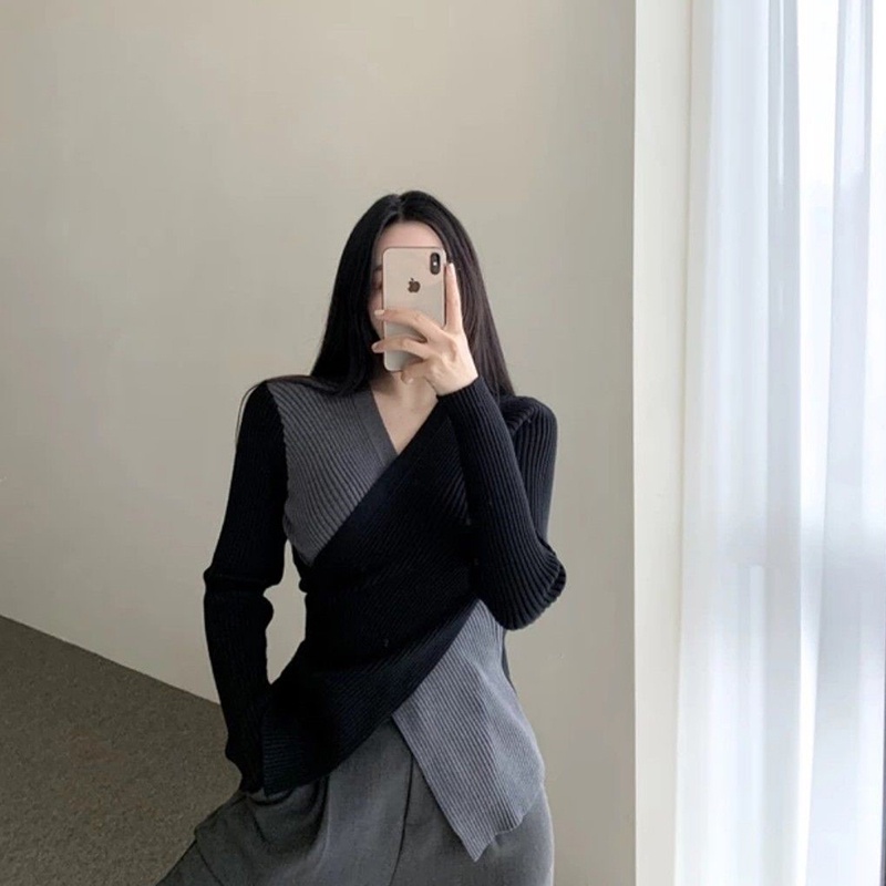 IELGY    Ladies V-neck Contrast Color Waist Irregular Knitted Sweater Long Sleeve