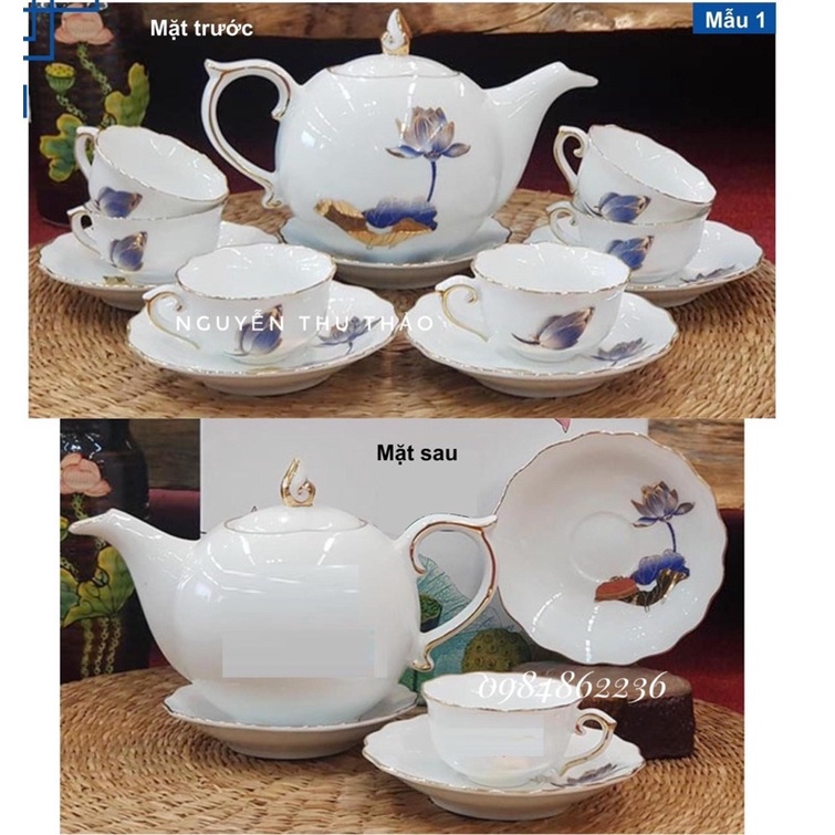 Bộ ấm chén MẪU ĐƠN TRẮNG VẼ CẢNH VIỀN VÀNG BÁT TRÀNG- Bộ trà đẹp