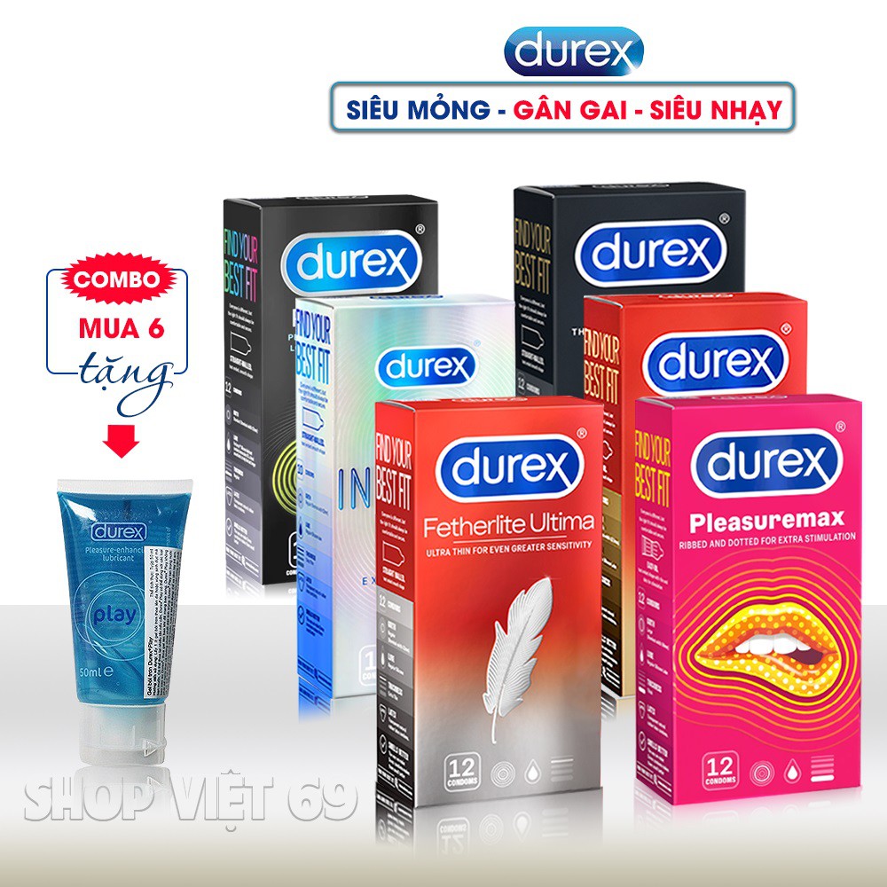 [CHÍNH HÃNG] COMBO 6 Bao cao su DUREX  70 cái, siêu mỏng,  kéo dài thời gian, gai tăng khoái cảm