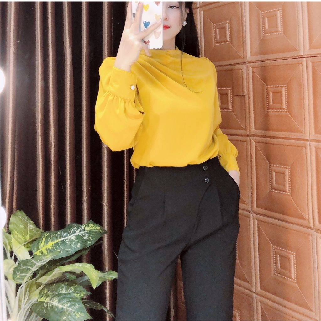 Áo kiểu công sở tay dài cao cấp, chất lụa mịn dày dặn, co giãn, mịn mát, không nhăn