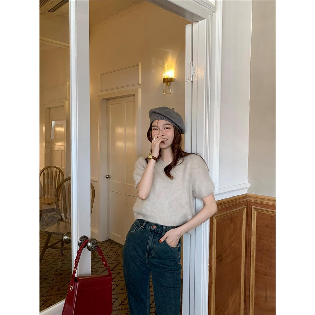 Áo Sweater Dệt Kim Chui Đầu Dáng Rộng Ngắn Tay Thời Trang Sành Điệu 60994