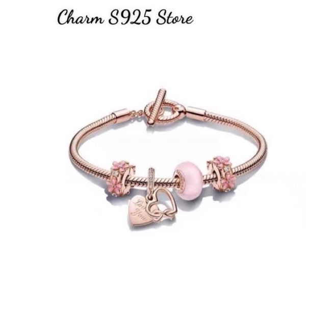 combo vòng tay Ale mềm vàng hồng mix 4 hạt charm hoa đào màu hồng bạc s925 cao cấp