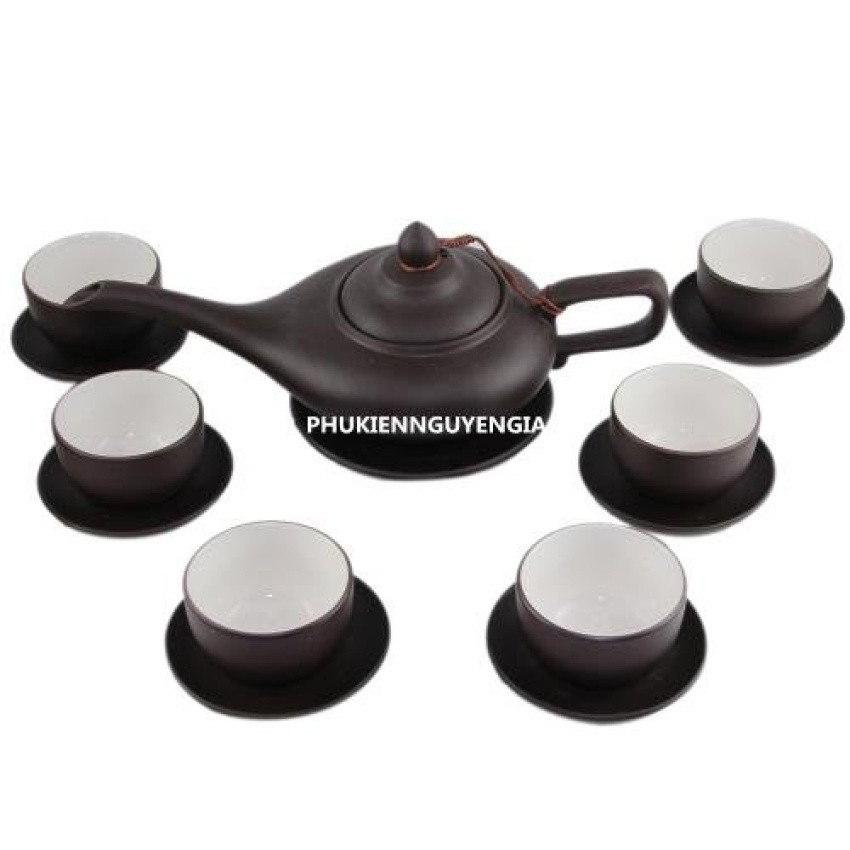 Bộ ấm chén gốm Bát Tràng - Aladanh - lòng trắng (Đen)