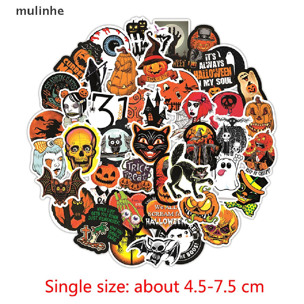 Set 50 Sticker Dán Bình Nước / Ván Trượt / Laptop Họa Tiết Halloween