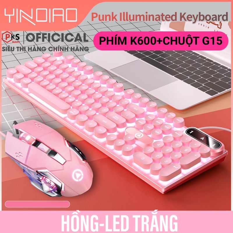 COMBO BÀN PHÍM CHUỘT MÁY TÍNH GAMING GIẢ CƠ NÚT TRÒN YINOIAO K600-G15 LED XUYÊN CHỮ NHIỀU MÀU XANH TÍM HỒNG TRẮNG