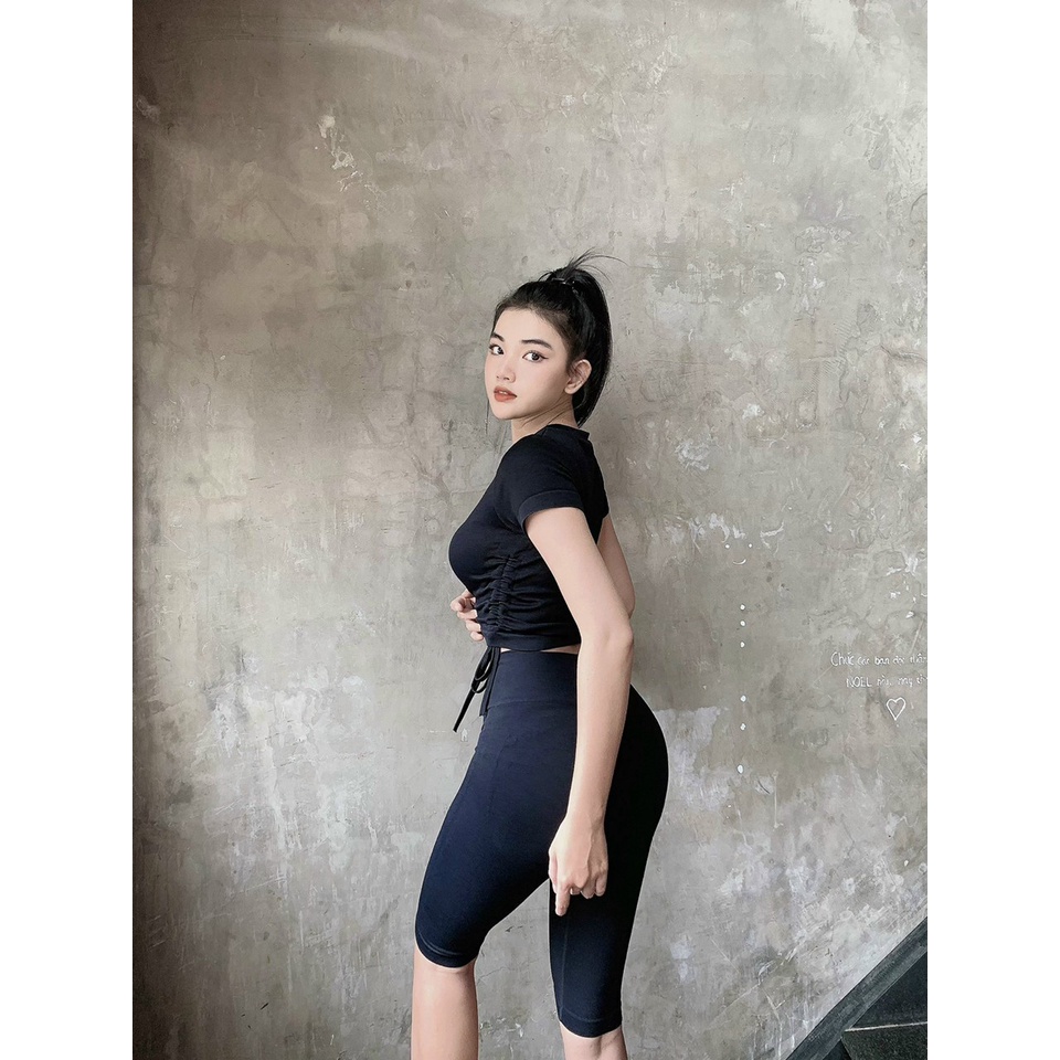 Set bộ đồ tập gym yoga nữ dệt kim áo crop ngắn tay dây rút, quần đùi ngố chun mông cao cấp Bin Sports BL029