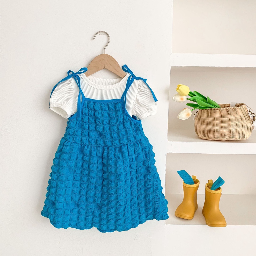 Bộ Áo Thun Ngắn Tay + Đầm Hai Dây Màu Xanh Dương Thời Trang Mùa Hè Cho Bé Gái
