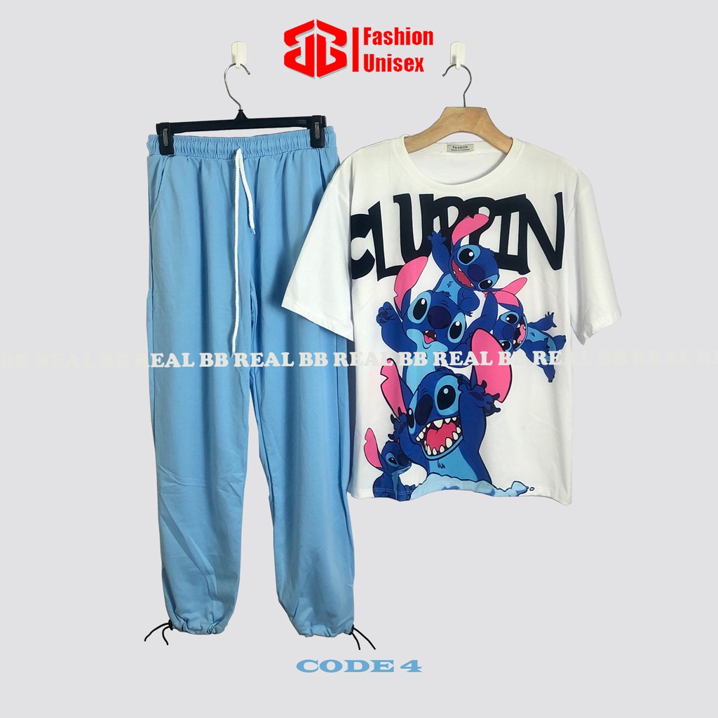 ĐỒ BỘ THUN DÂY RÚT - (Nhiều Mẫu) QUẦN XANH DƯƠNG, ÁO CARTOON From Rộng Unisex, THOÁNG MÁT, Freesize DƯỚI 65KG - BB REAL