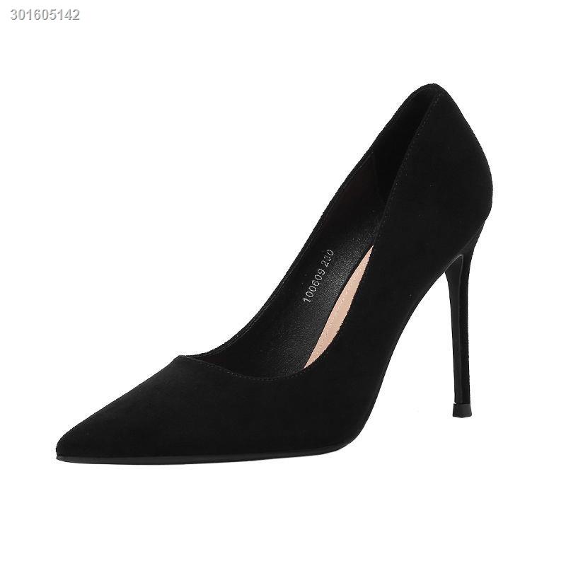 Giày cao gót miệng nông mũi nhọn bằng da lộn màu đen thời trang công sở 2021 mới cho nữ