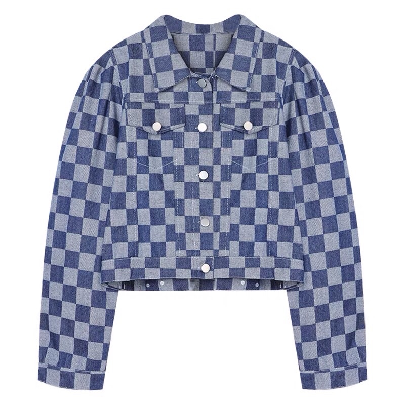 Áo Khoác Bò Denim Jacket Dáng Ngắn Croptop Kẻ Caro Checkerboard Hot Trend