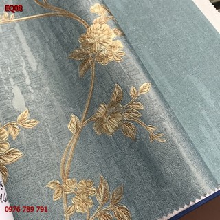 Giấy dán tường cao cấp ,họa tiết hoa dây in nổi  mầu xanh, lụa dệt không keo  khổ 0,53 m,giấy dán phòng ngủ