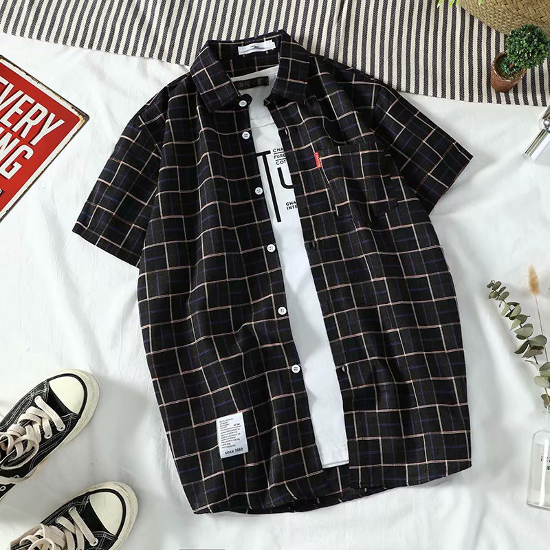 Men's short-sleeved fashion checkered shirt