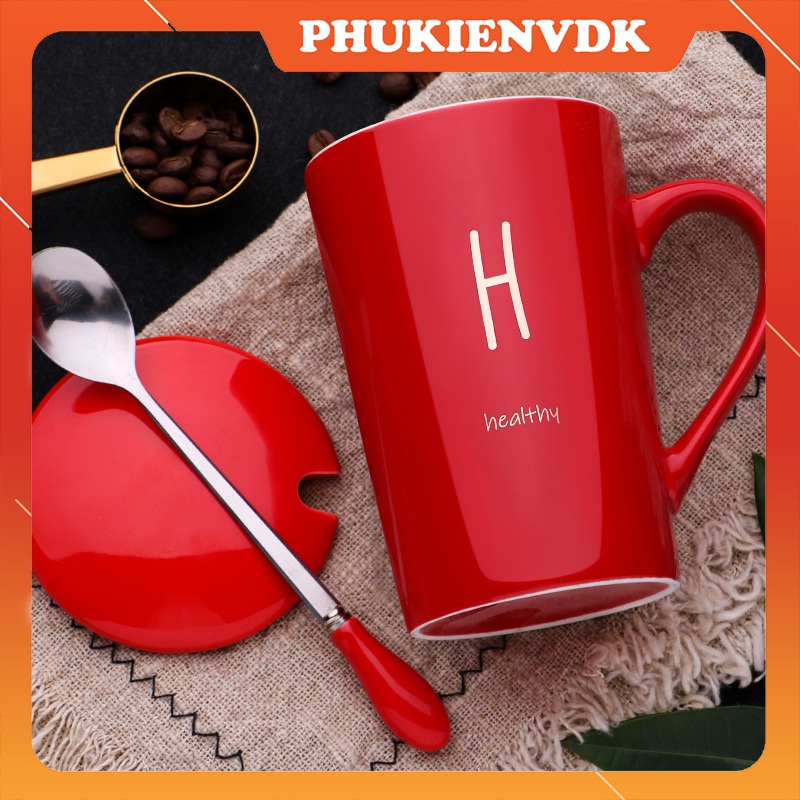 Ly cốc sứ bảng chữ cái có nắp thìa cốc uống nước gia đình quà tặng