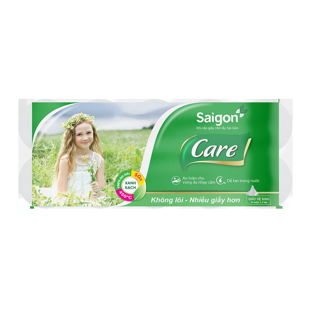 Lốc 10 cuộn giấy vệ sinh 2 lớp Sài Gòn Care (không lõi)