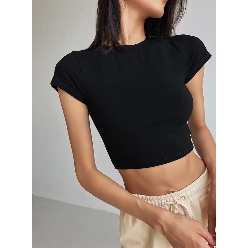 Áo croptop trơn dáng ngắn ôm nữ tay ngắn Freesize vải thun co dãn