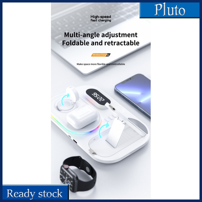 Đế Sạc Nhanh Không Dây 4 Trong 1 Kiêm Đồng Hồ Báo Thức Cho Airpods Pro Iwatch Rgb Có Đèn Led Cho Iphone