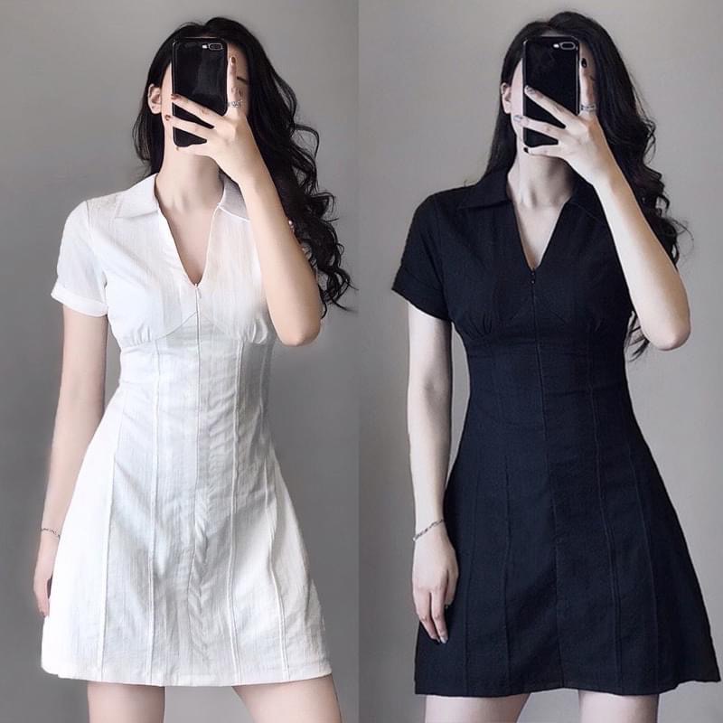 Váy cổ bẻ bo gân xoè nhẹ tôn dáng/form chuẩn,thanh lịch/Trắng-đen