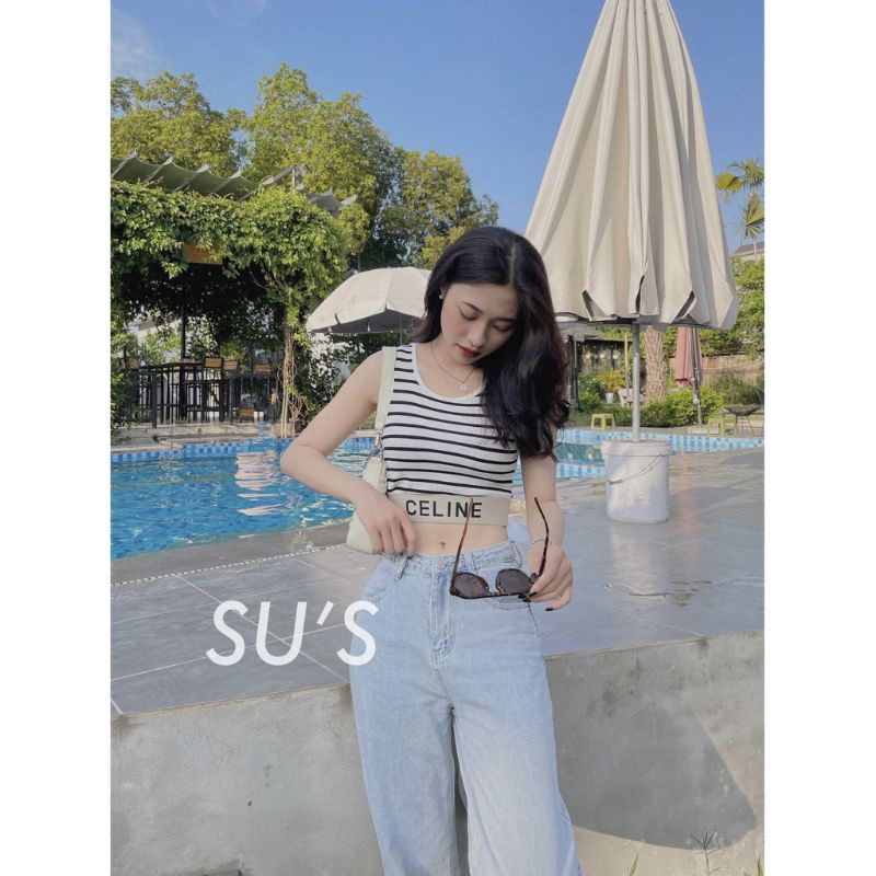 Áo croptop sát nách ZARA thun cotton gân tăm thêu chữ ce.line trắng, đen, sọc
