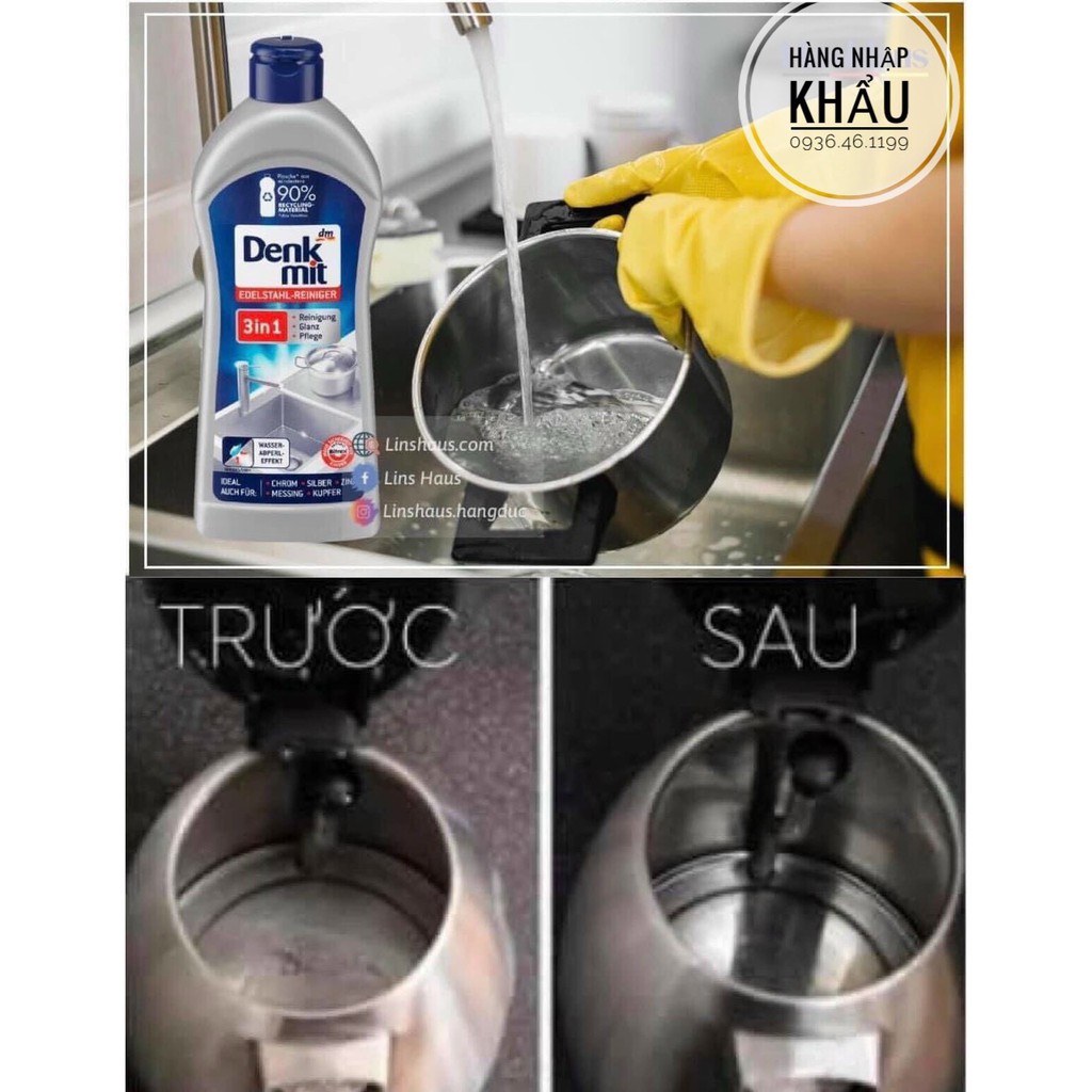 Nước tẩy rửa, đánh bóng đồ inox, bề mặt vàng, bạc, đồng Denkmit 300ml --- Đức