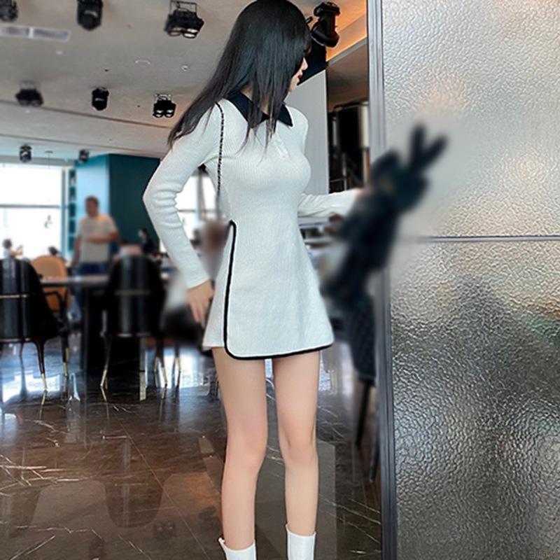 Đầm tay dài dáng ôm thiết kế phối màu theo phong cách hàn quốc