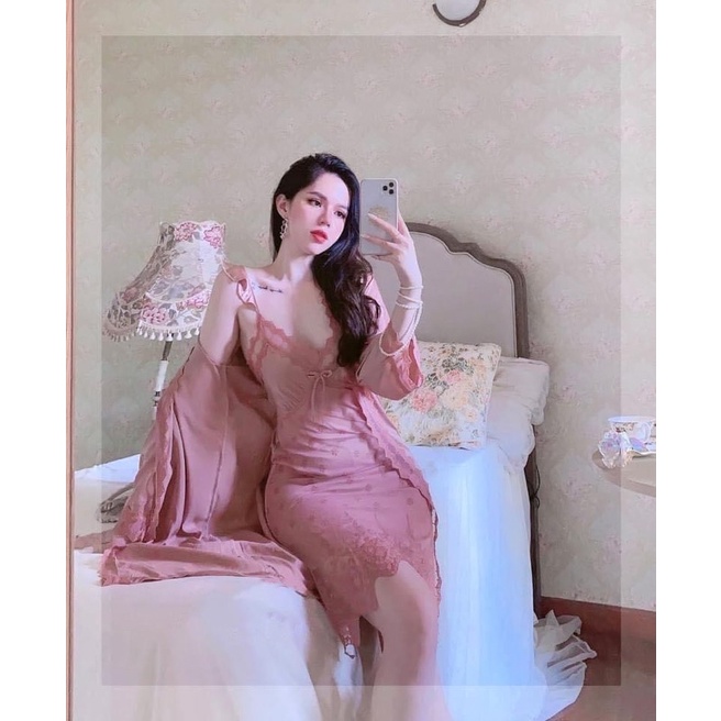 Sét Váy Ngủ Kèm Choàng Lụa Cao Cấp, Váy Ngủ Màu Hồng Pastel HITHOT | BigBuy360 - bigbuy360.vn