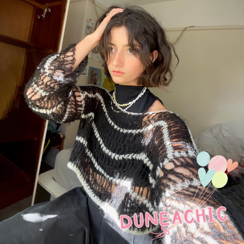 Áo Sweater Dệt Kim Tay Dài Dáng Rộng Kiểu Đường Phố Cá Tính Cho Nữ