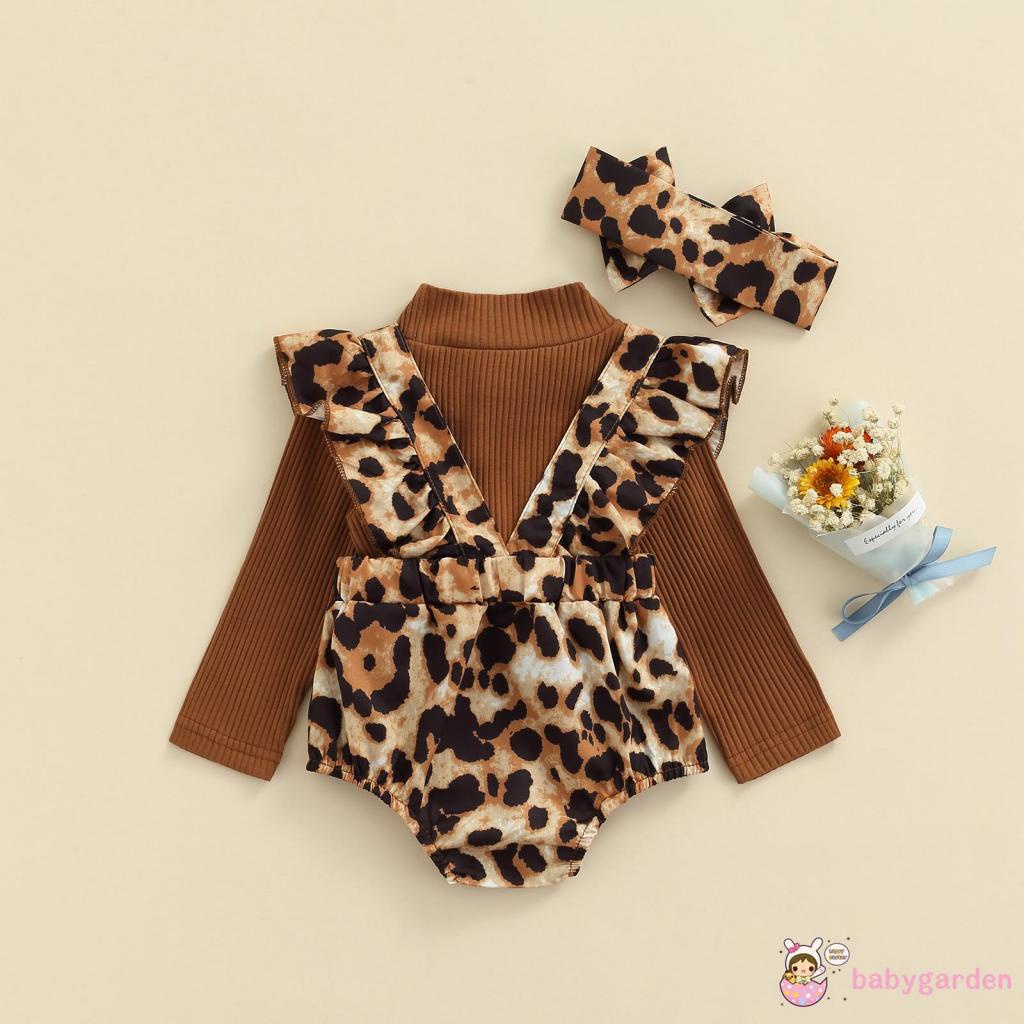 Bộ áo liền quần họa tiết da báo nhiều họa tiết tùy chọn + áo thun cổ cao tay dài + băng đô nơ thời trang cho bé gái