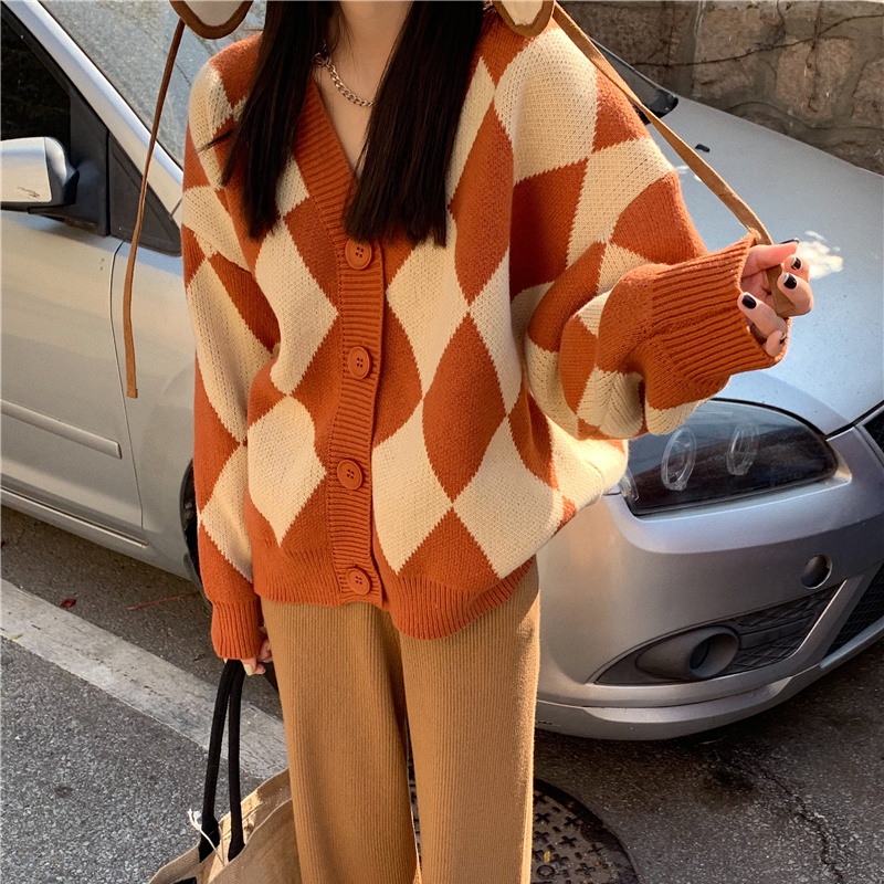 Áo Khoác Cardigan Nữ Màu Đen Trắng Cam Dệt Kim Cổ V Hình Thoi Dài Tay Vintage Chất Len Thỏ Hàn Quốc Hot Trend