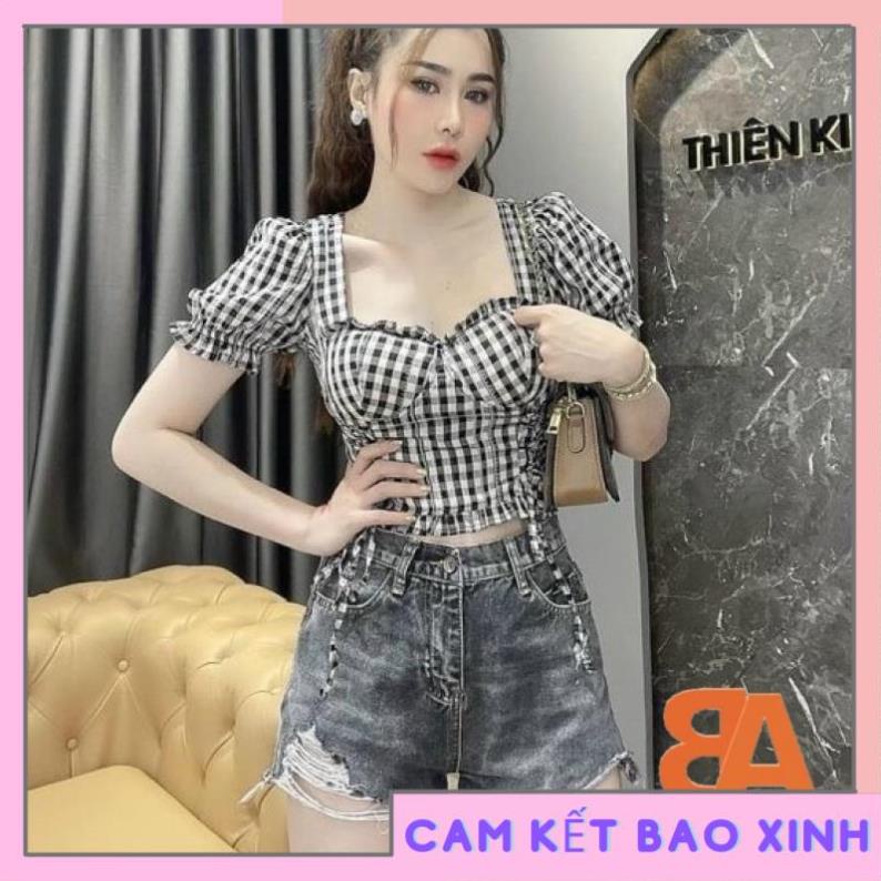 Áo kiểu nữ phối sọc caro có mút lót ngực kèm dây rút eo croptop chất vải Kate FreeSize dưới 52kg [Hàng Đẹp]